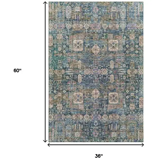 Green Blue And Beige Floral Washable Area Rug With UV Protection Photo 9