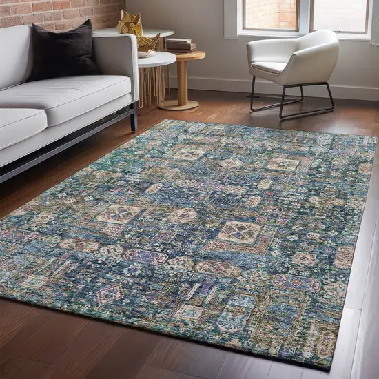 Green Blue And Beige Floral Washable Area Rug With UV Protection Photo 3