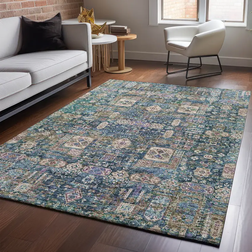 Green Blue And Beige Floral Washable Area Rug With UV Protection Photo 3