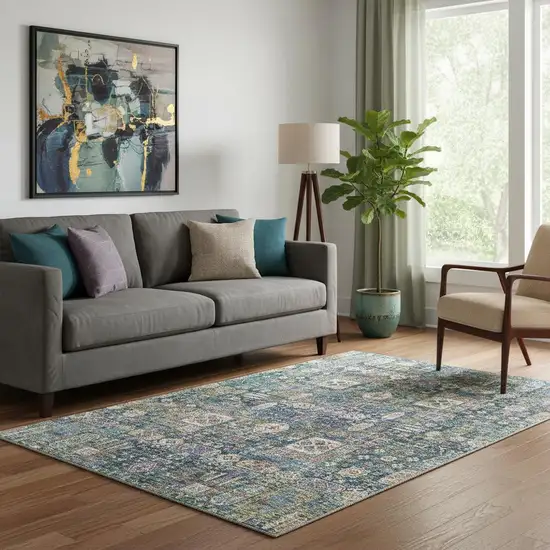 Green Blue And Beige Floral Washable Area Rug With UV Protection Photo 1