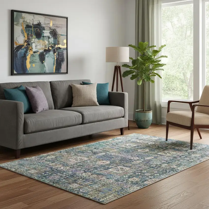 Green Blue And Beige Floral Washable Area Rug With UV Protection Photo 1