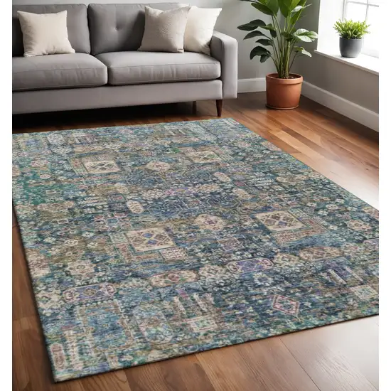 Green Blue And Beige Floral Washable Area Rug With UV Protection Photo 2