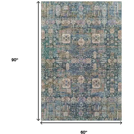 Green Blue And Beige Floral Washable Area Rug With UV Protection Photo 3