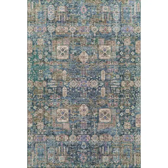 Green Blue And Beige Floral Washable Area Rug With UV Protection Photo 1
