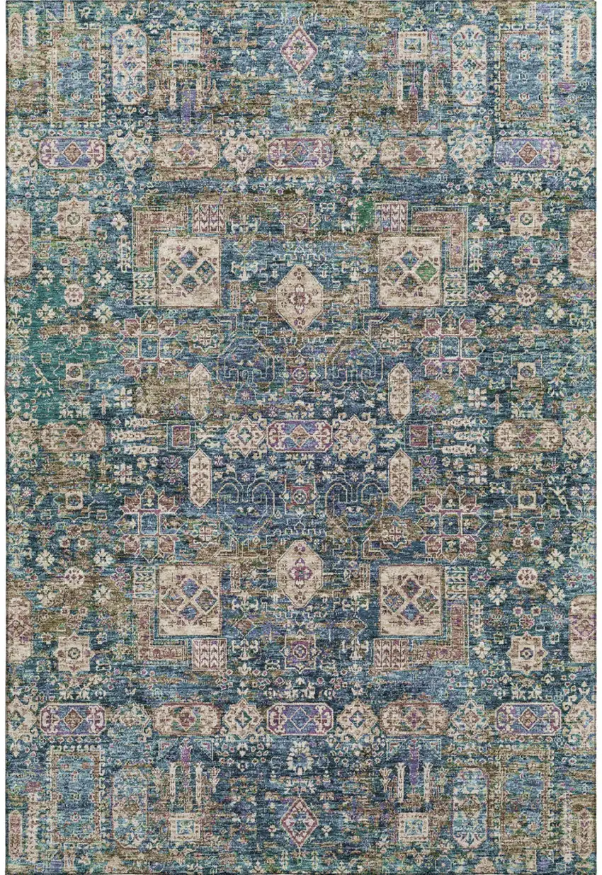 Green Blue And Beige Floral Washable Area Rug With UV Protection Photo 1