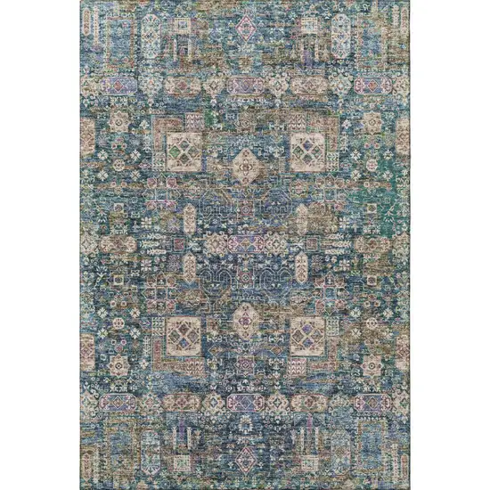 Green Blue And Beige Floral Washable Area Rug With UV Protection Photo 3