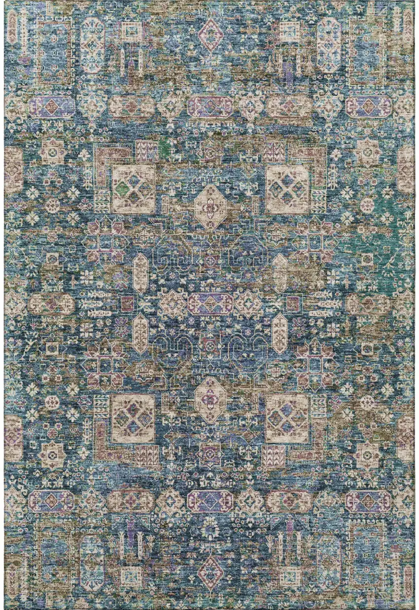 Green Blue And Beige Floral Washable Area Rug With UV Protection Photo 3