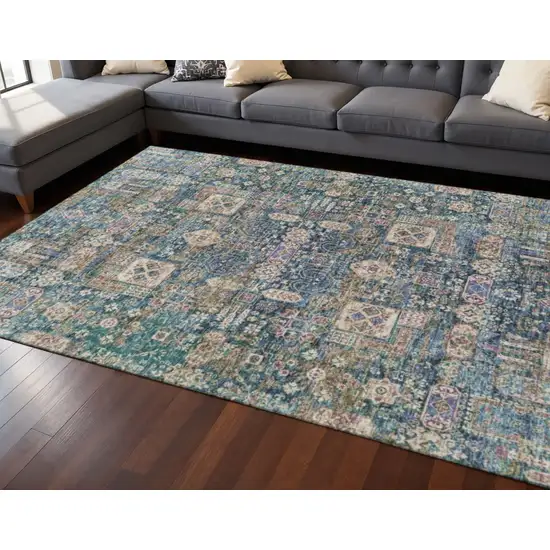 Green Blue And Beige Floral Washable Area Rug With UV Protection Photo 2
