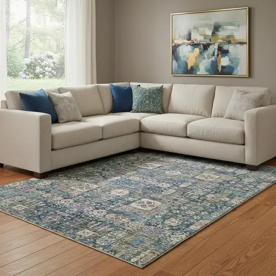 Green Blue And Beige Floral Washable Area Rug With UV Protection Photo 1