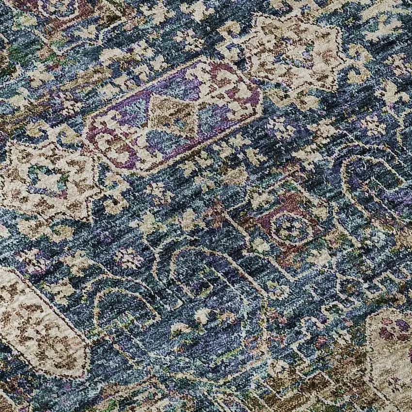 Green Blue And Beige Floral Washable Area Rug With UV Protection Photo 8