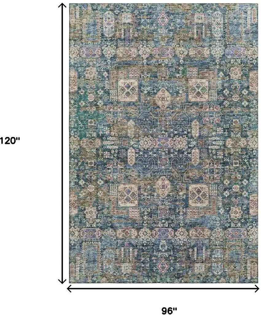 Green Blue And Beige Floral Washable Area Rug With UV Protection Photo 9