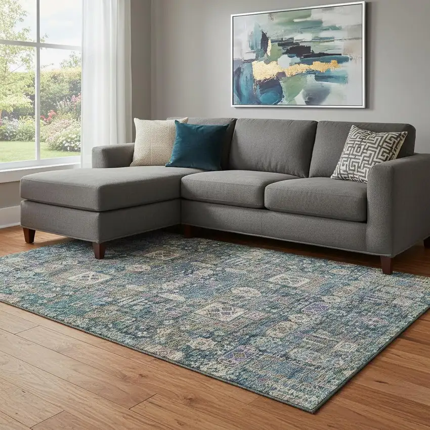 Green Blue And Beige Floral Washable Area Rug With UV Protection Photo 1