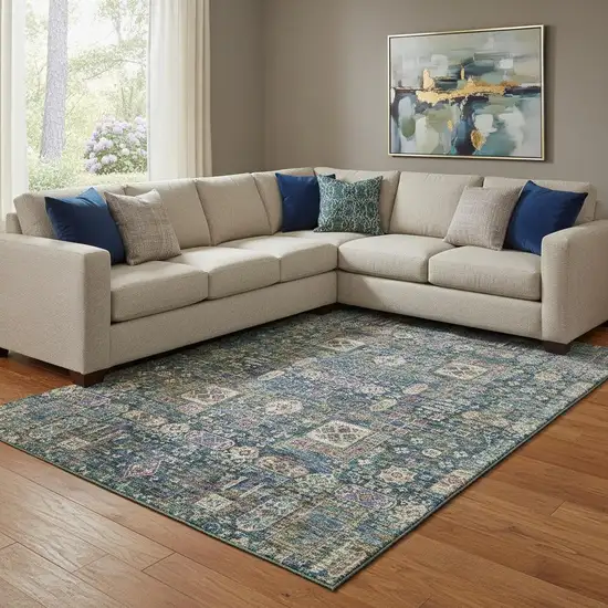 Green Blue And Beige Floral Washable Area Rug With UV Protection Photo 1
