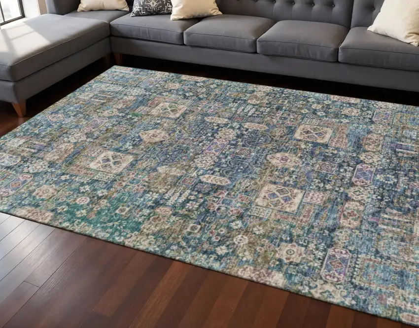 Green Blue And Beige Floral Washable Area Rug With UV Protection Photo 2