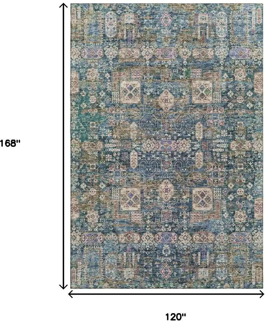 Green Blue And Beige Floral Washable Area Rug With UV Protection Photo 3