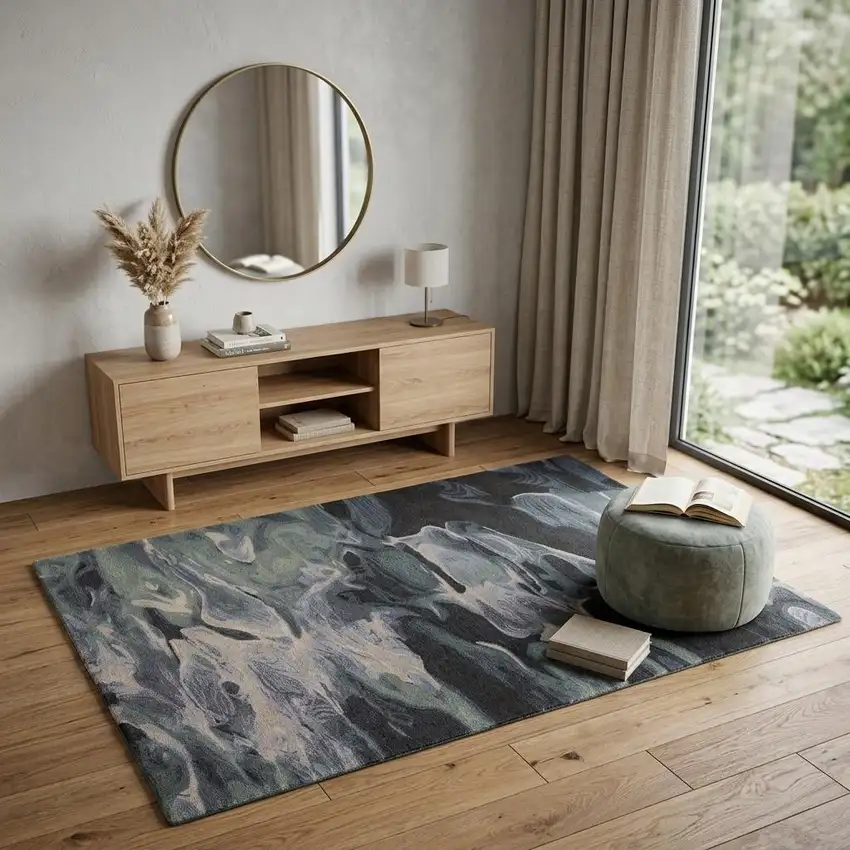 Blue and Black Wool Abstract Hand Tufted Area Rug Photo 1