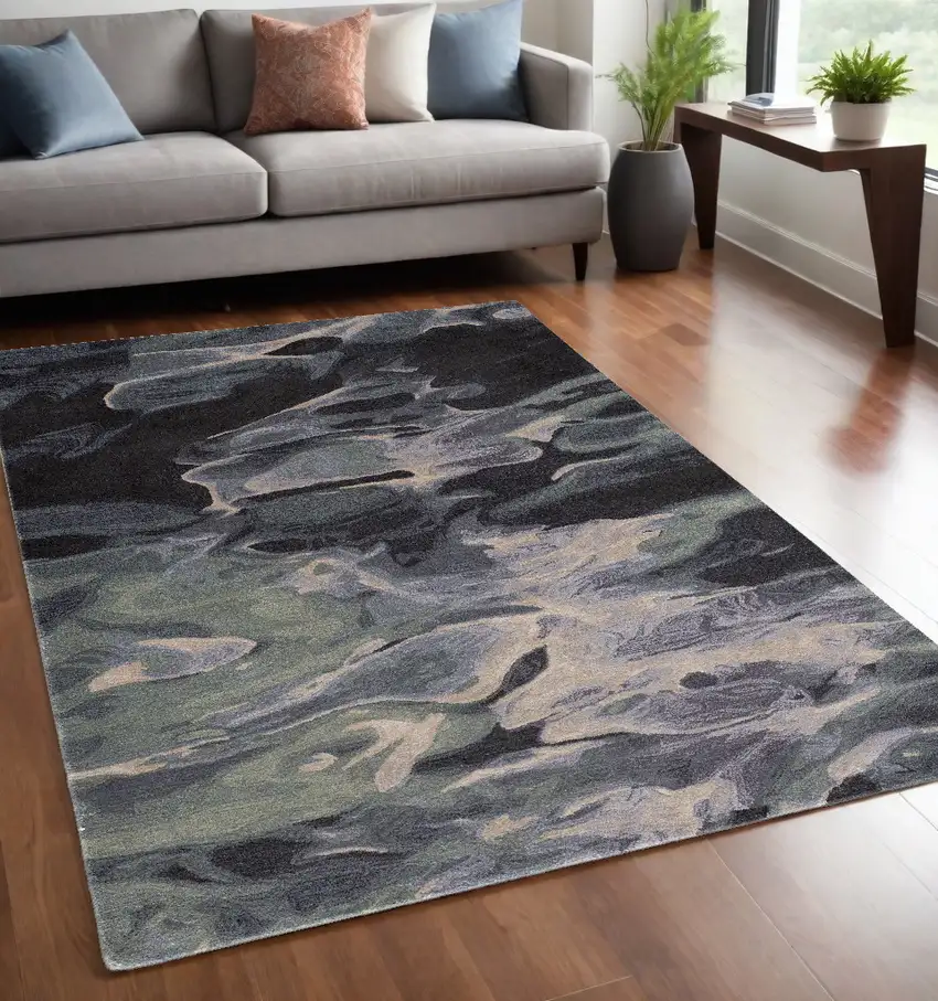 Blue and Black Wool Abstract Hand Tufted Area Rug Photo 1