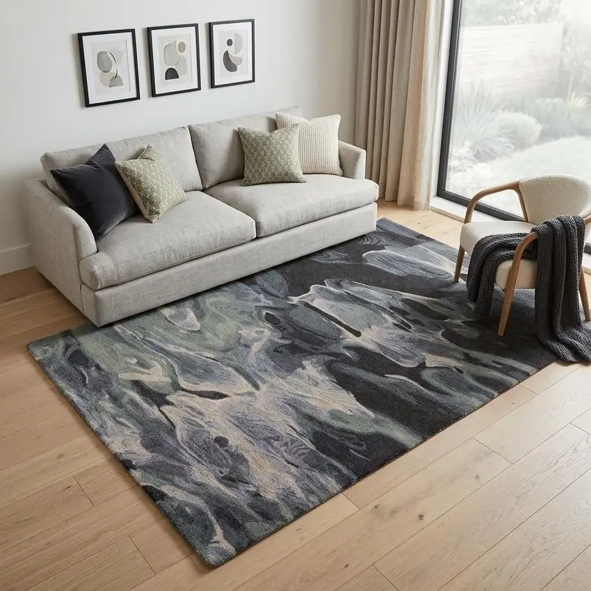 Blue and Black Wool Abstract Hand Tufted Area Rug Photo 1