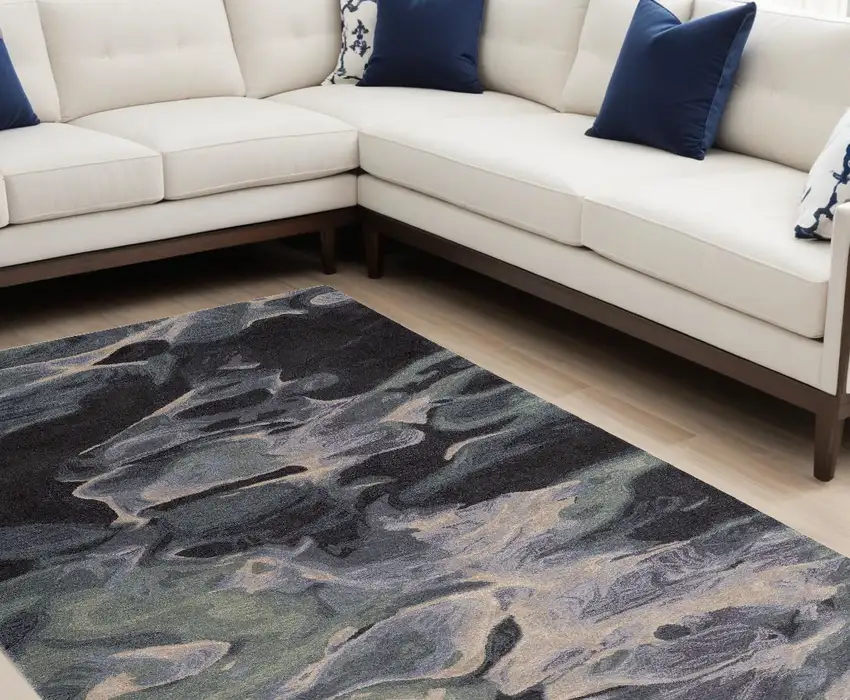 Blue and Black Wool Abstract Hand Tufted Area Rug Photo 1