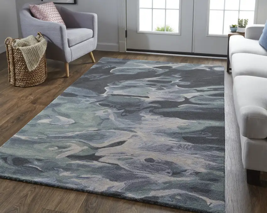 Green Blue And Black Wool Abstract Tufted Handmade Stain Resistant Area Rug Photo 6