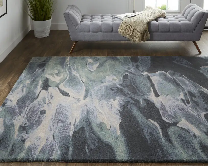 Green Blue And Black Wool Abstract Tufted Handmade Stain Resistant Area Rug Photo 8