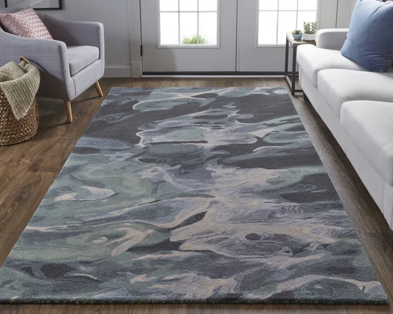 Green Blue And Black Wool Abstract Tufted Handmade Stain Resistant Area Rug Photo 3