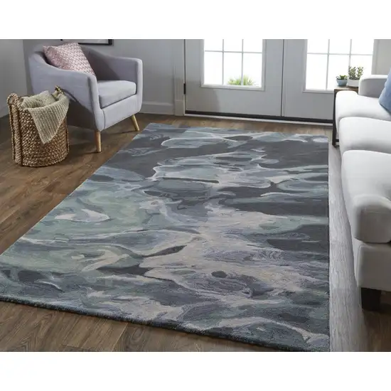 Green Blue And Black Wool Abstract Tufted Handmade Stain Resistant Area Rug Photo 2