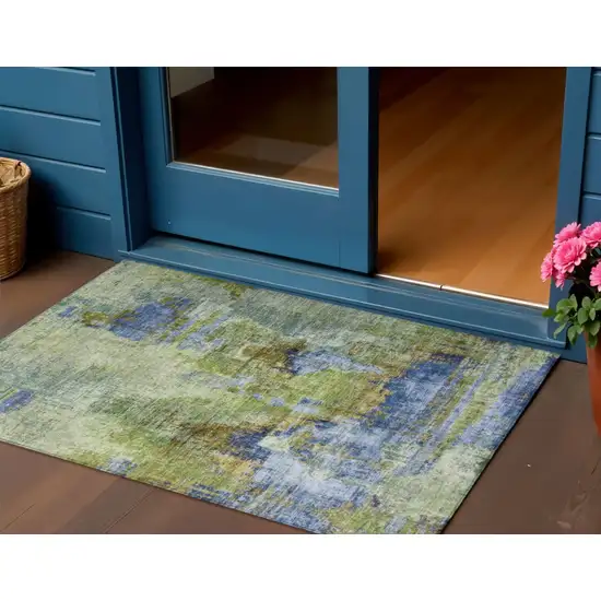 Green Blue And Brown Abstract Washable Indoor Outdoor Area Rug Photo 1