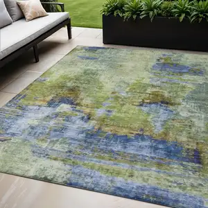 Photo of Green Blue And Brown Abstract Washable Indoor Outdoor Area Rug