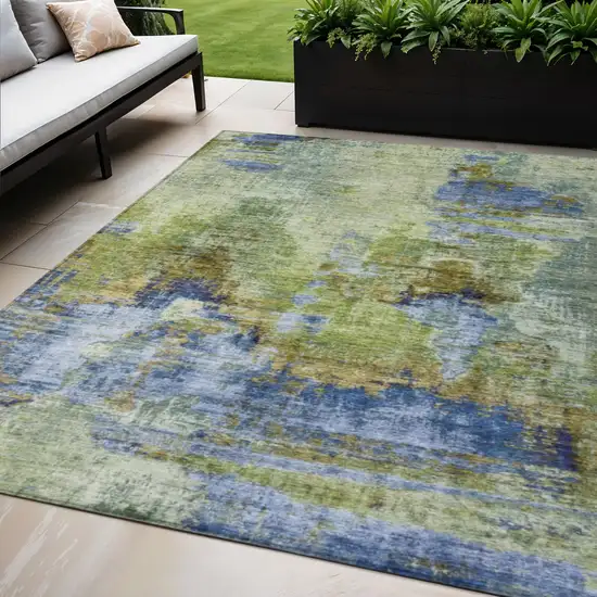 Green Blue And Brown Abstract Washable Indoor Outdoor Area Rug Photo 1