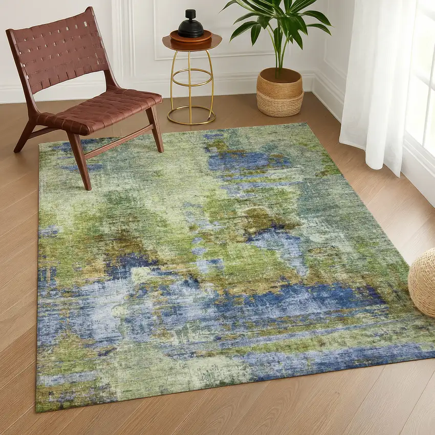 Green Blue And Brown Abstract Washable Indoor Outdoor Area Rug Photo 9