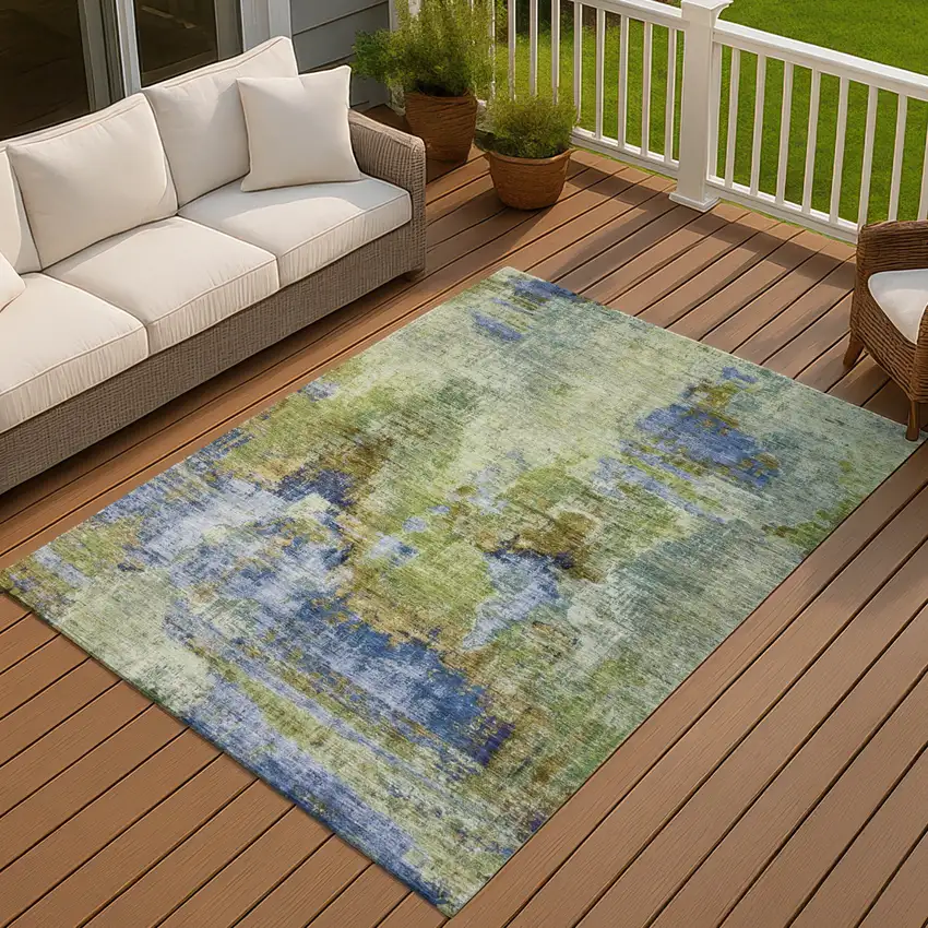 Green Blue And Brown Abstract Washable Indoor Outdoor Area Rug Photo 8