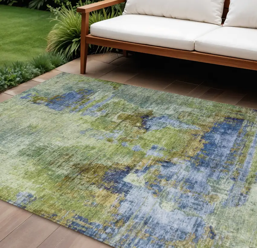 Green Blue And Brown Abstract Washable Indoor Outdoor Area Rug Photo 1