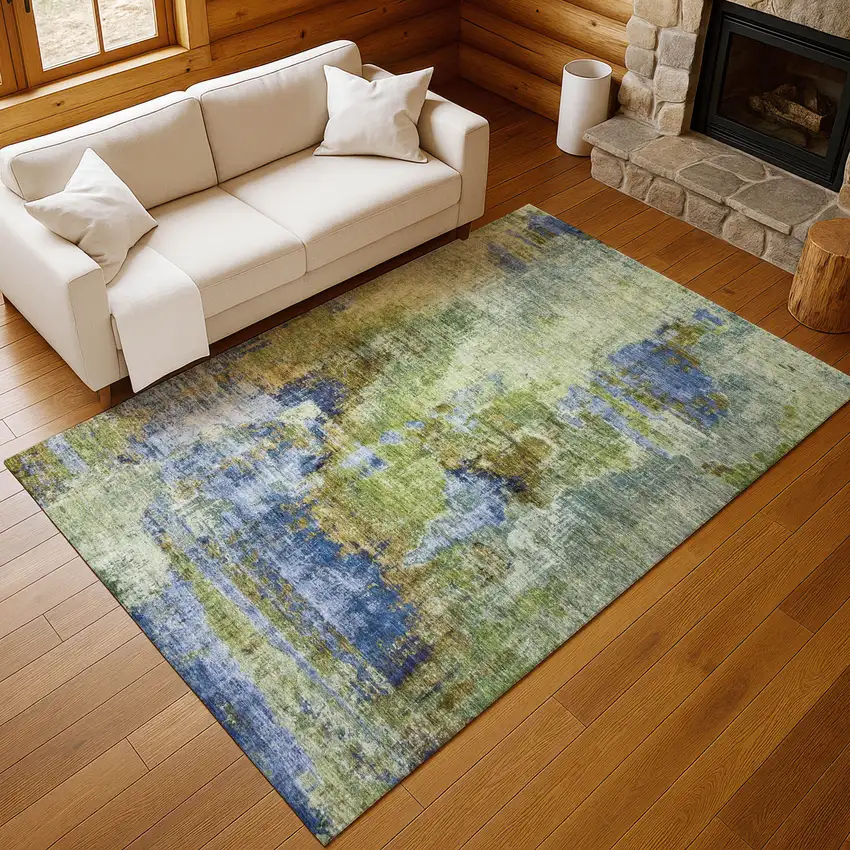 Green Blue And Brown Abstract Washable Indoor Outdoor Area Rug Photo 9