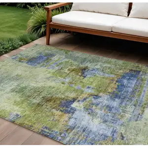Photo of Green Blue And Brown Abstract Washable Indoor Outdoor Area Rug