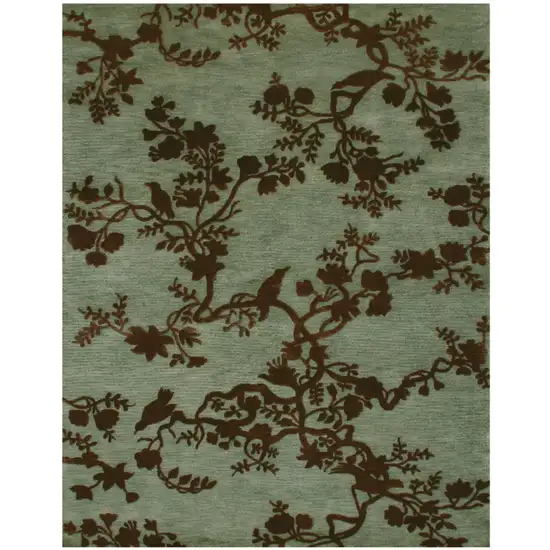 Green Blue And Brown Wool Floral Hand Knotted Area Rug Photo 2