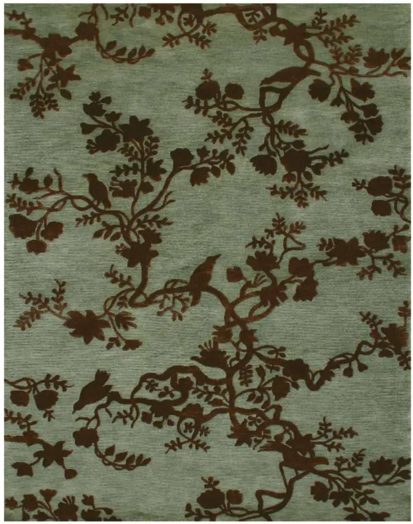 Green Blue And Brown Wool Floral Hand Knotted Area Rug Photo 2