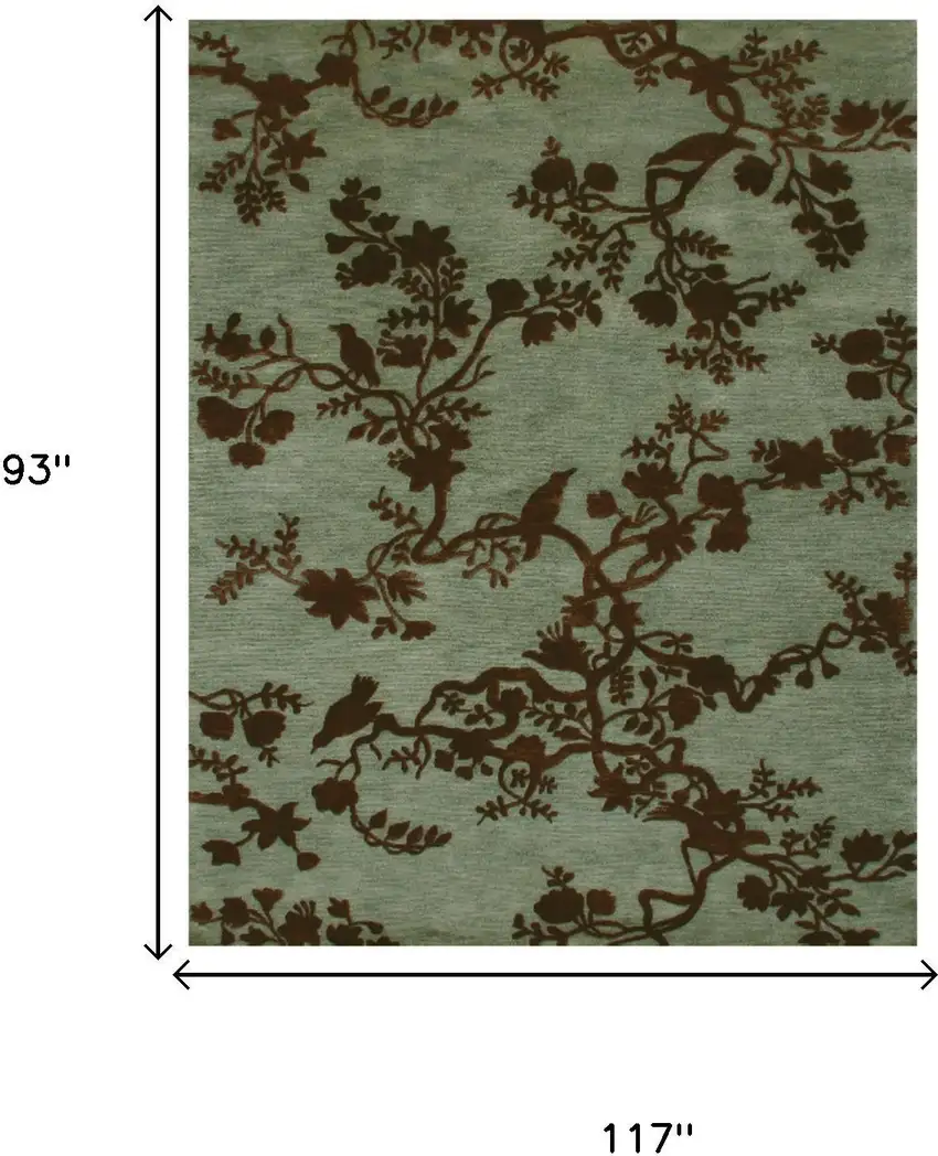Green Blue And Brown Wool Floral Hand Knotted Area Rug Photo 5