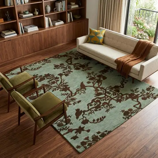 Green Blue And Brown Wool Floral Hand Knotted Area Rug Photo 1