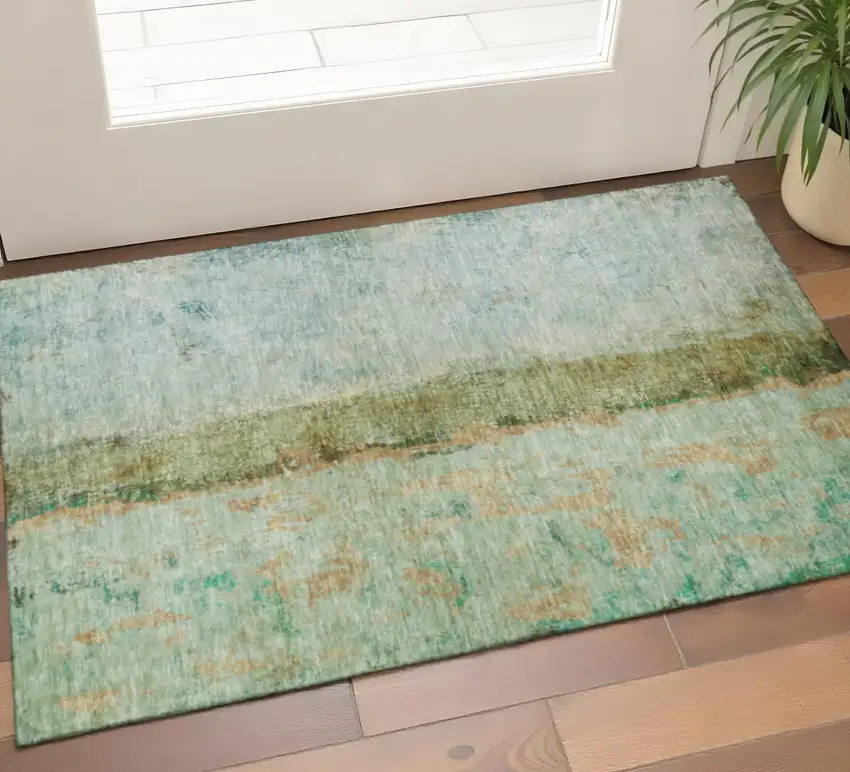 Green Blue And Gold Abstract Washable Area Rug With UV Protection Photo 1