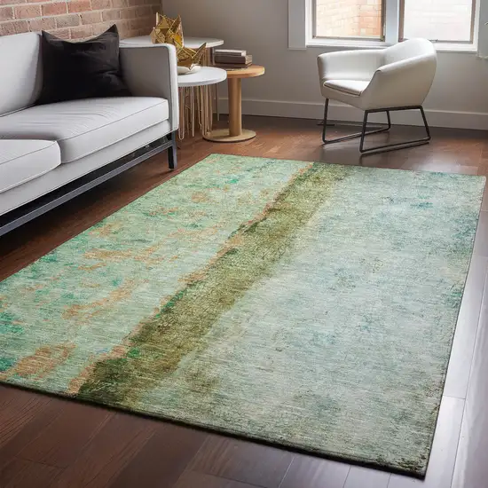 Green Blue And Gold Abstract Washable Area Rug With UV Protection Photo 4