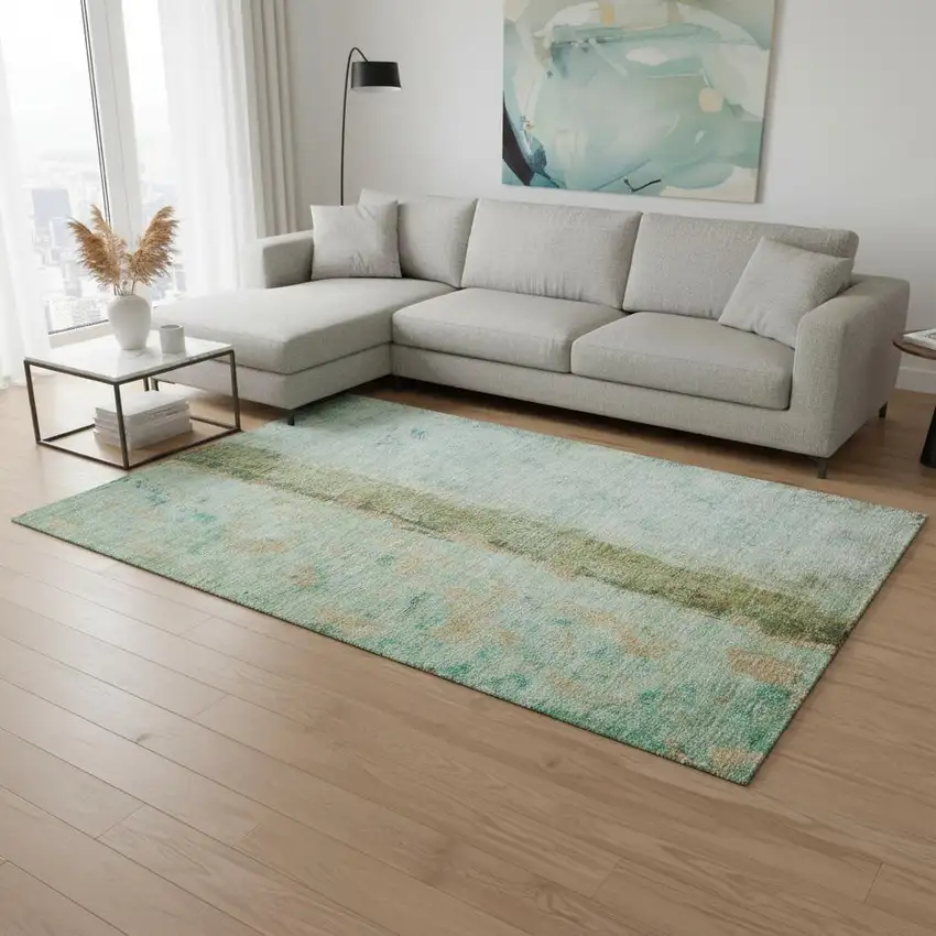 Green Blue And Gold Abstract Washable Area Rug With UV Protection Photo 2