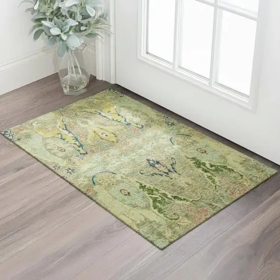 Green Blue And Gold Floral Washable Area Rug With UV Protection Photo 2