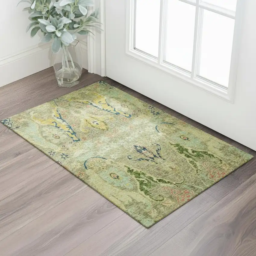 Green Blue And Gold Floral Washable Area Rug With UV Protection Photo 2