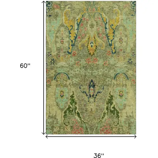 Green Blue And Gold Floral Washable Area Rug With UV Protection Photo 9
