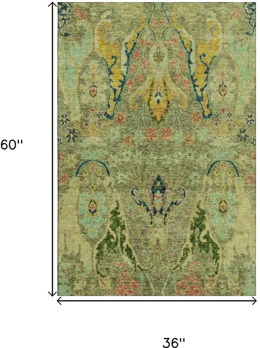 Green Blue And Gold Floral Washable Area Rug With UV Protection Photo 9