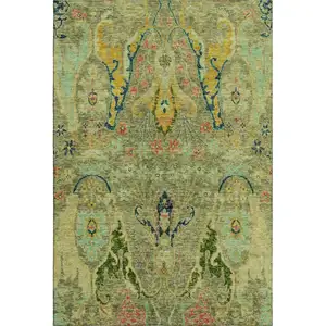 Photo of Green Blue And Gold Floral Washable Area Rug With UV Protection