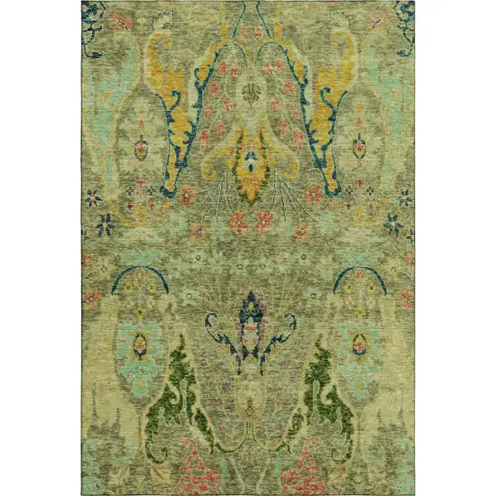 Green Blue And Gold Floral Washable Area Rug With UV Protection Photo 1