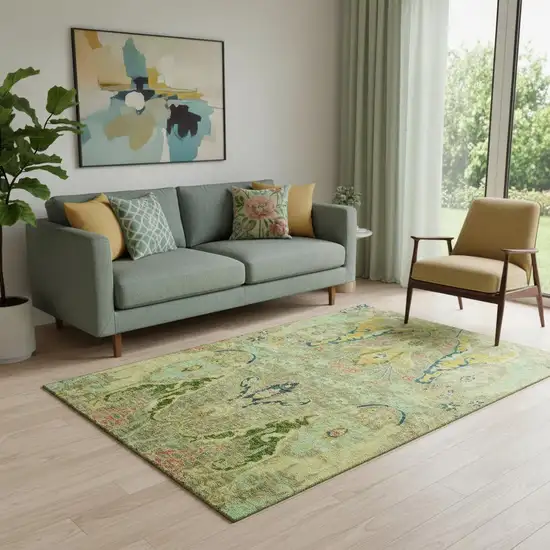 Green Blue And Gold Floral Washable Area Rug With UV Protection Photo 2