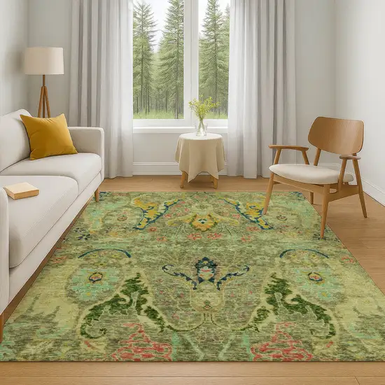 Green Blue And Gold Floral Washable Area Rug With UV Protection Photo 6